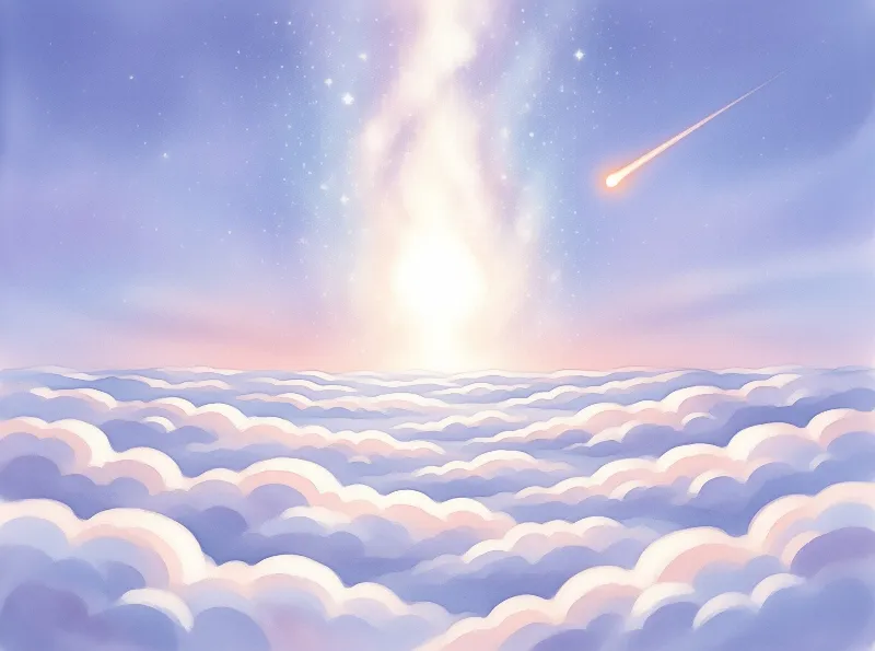 Rolling banks of lavender and cream cloud stretch to the horizon under a violet sky streaked with light and a bright meteor