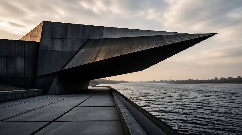 A cantilevered concrete roof juts above a calm river at dusk, with a wide stone terrace in the foreground.