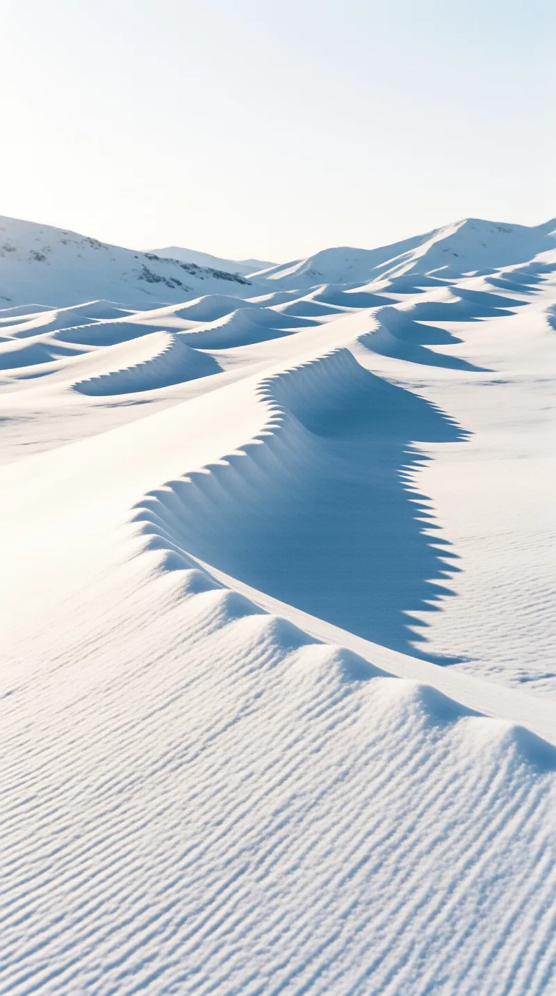 Sawtooth snowdrifts ripple across a frozen plain as low sunlight casts long zigzag shadows toward distant hills.