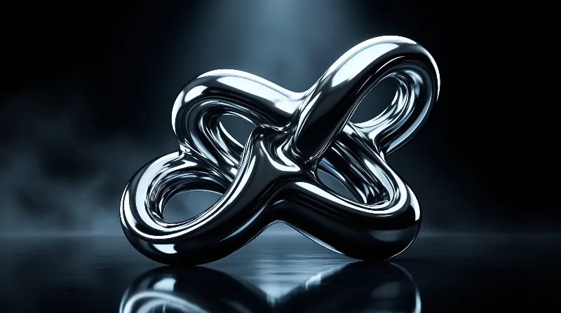 A twisted metallic knot rests on a glossy dark surface catching bright blue highlights.