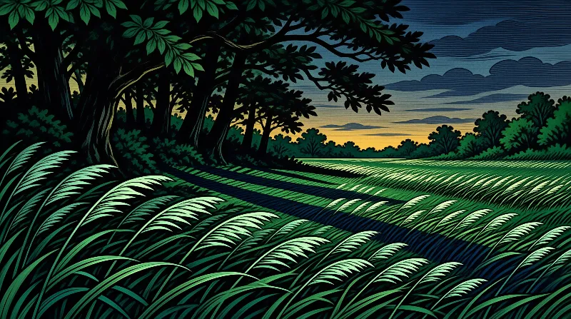 Stylized landscape featuring lush green crops next to shadowy trees with a warm orange sunset on the horizon.