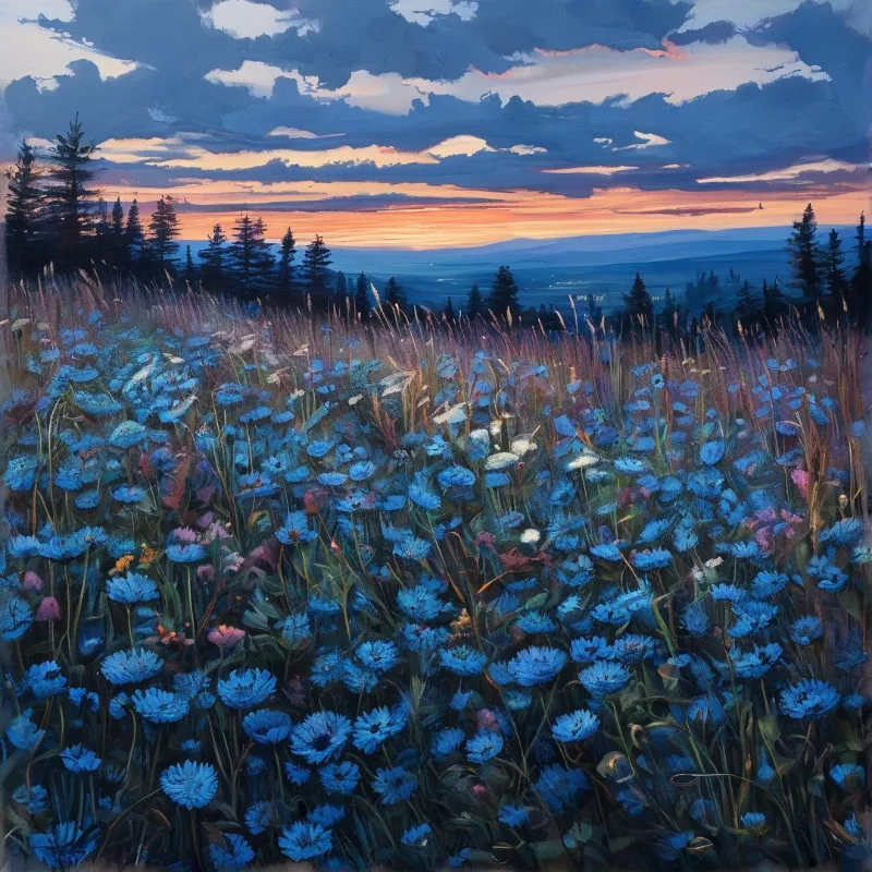 A vast expanse of blue wildflowers stretches toward a forested horizon beneath dramatic twilight clouds.