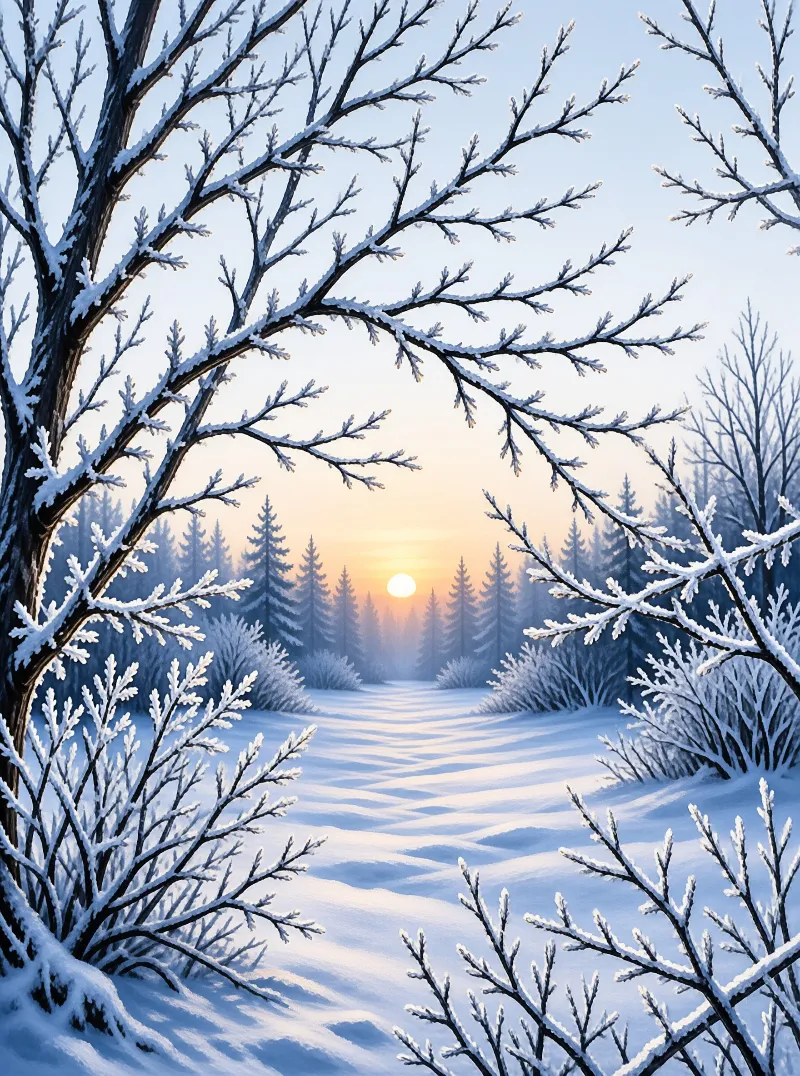 Snow-coated limbs arch across a pale blue sky as the low sun rises over a silent fir forest and drifted snowbanks.