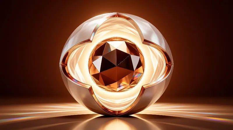 A glowing copper and pearl sculpture cradles a faceted amber gemstone against a warm brown backdrop
