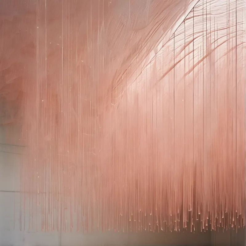Pink fibrous lines drape vertically against a pale wall surface under diffuse illumination.