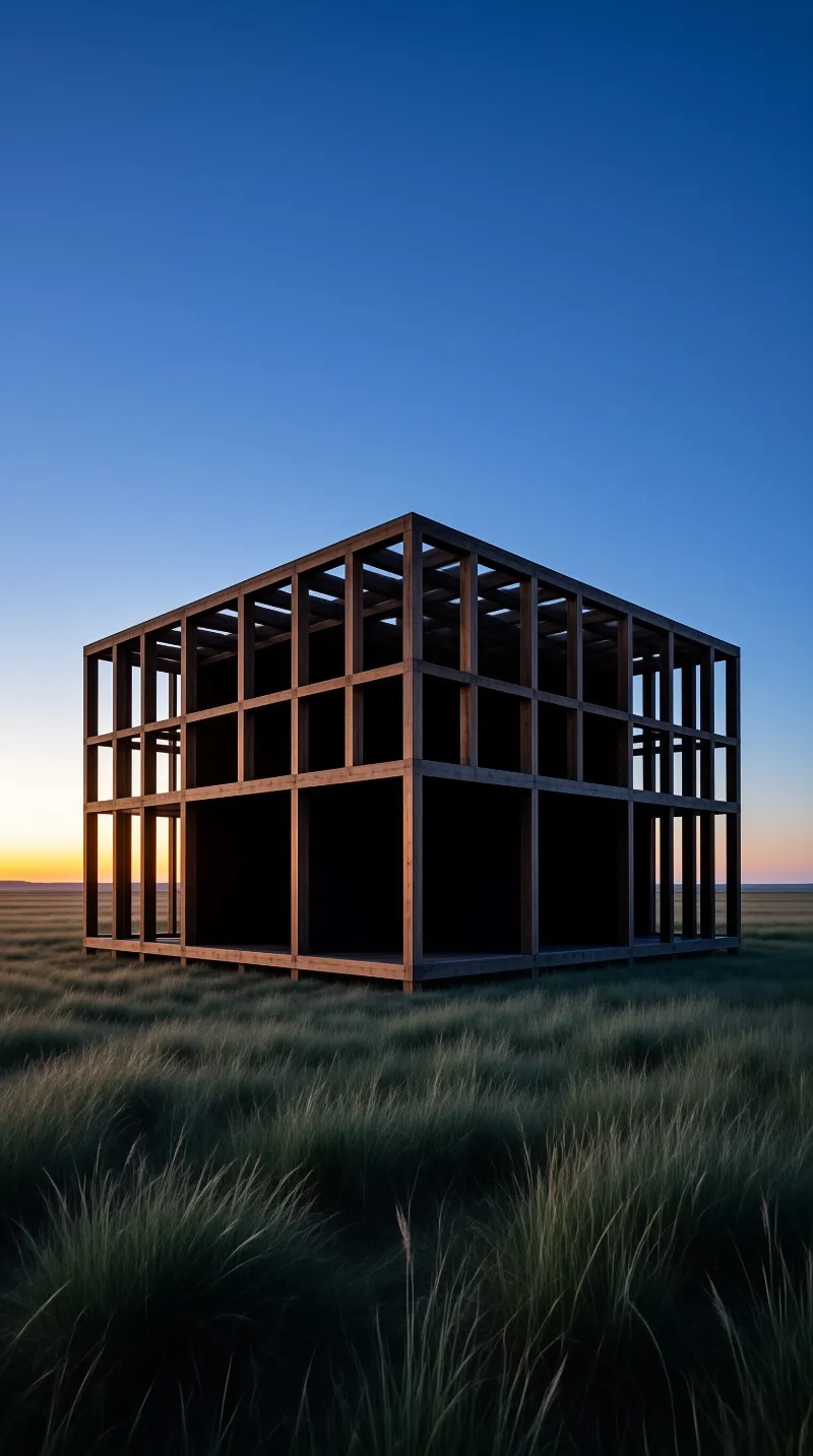A dark wooden cube lattice stands in a grassy field against a gradient sky fading from deep blue to orange at dusk.