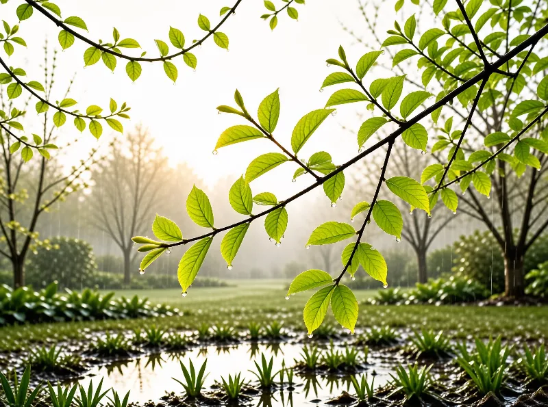 Fresh Green Leaves with Dew