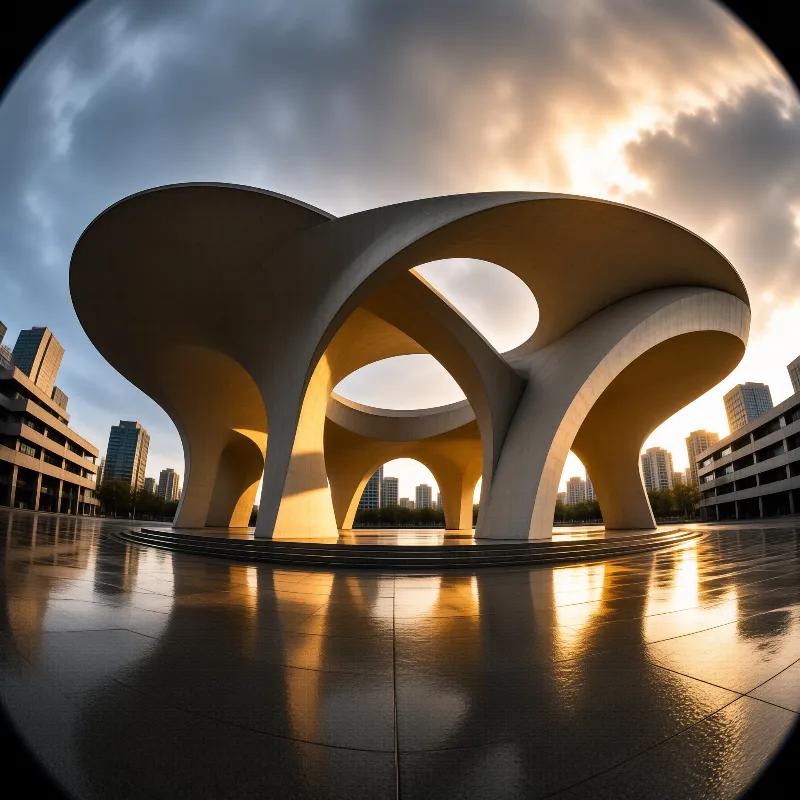 Sweeping shell shaped pillars rise from a rain slicked square, their inner faces glowing amber under a stormy sky.