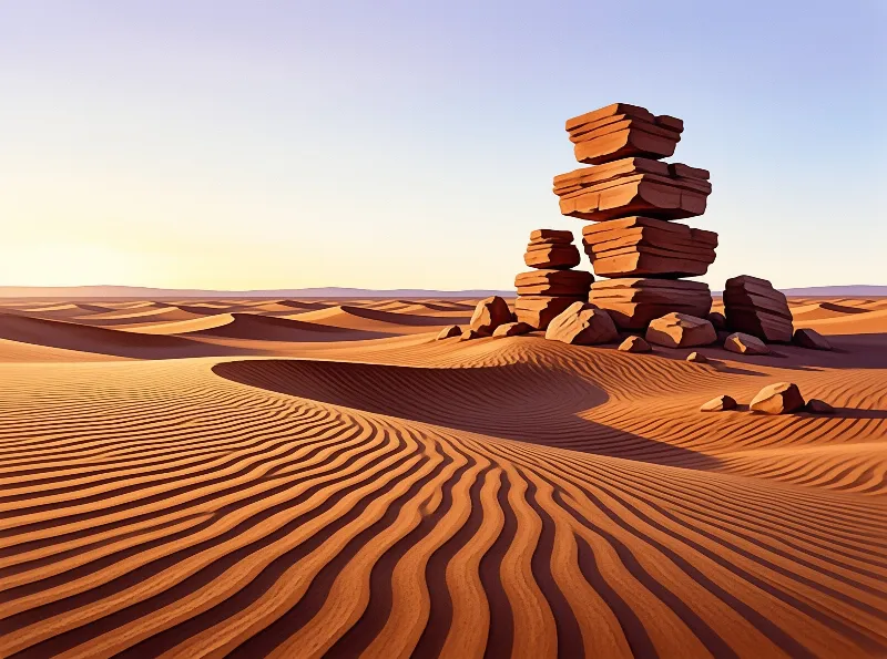 A tall stack of layered reddish rocks stands prominently on a rolling sand dune under a clear sky at sunset.