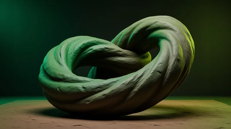 A matte green sculpted loop twists into a knot, lit against a dark emerald backdrop on a clay table.
