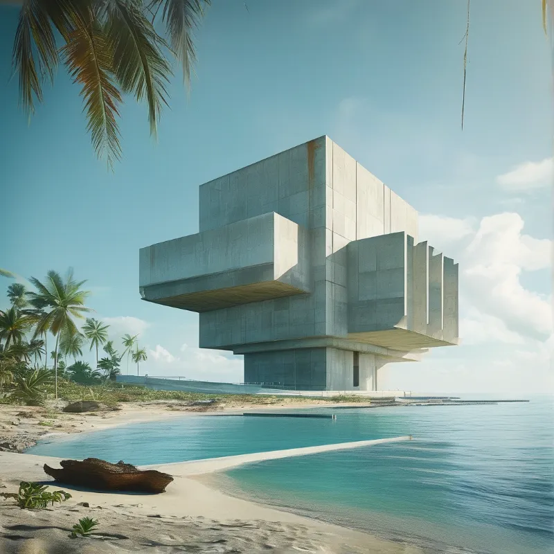A monumental cubic concrete building with cantilevered blocks stands behind a palm lined beach and turquoise lagoon.