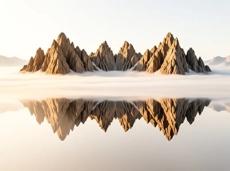 Steep rocky peaks emerge from thick clouds casting a sharp mirror reflection below in warm sunlight.