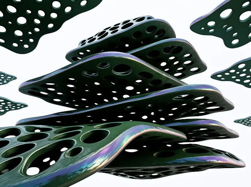 Layered dark green panels pierced with round holes stack diagonally, their rims catching violet and teal light.