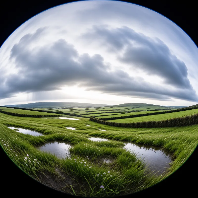 A fisheye view bends green patchwork fields and hedgerows under a heavy storm-filled sky.