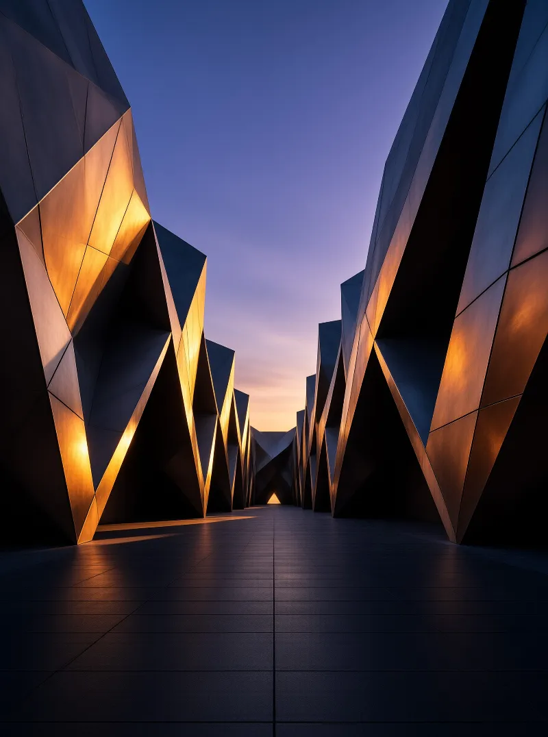 Symmetrical futuristic walkway flanked by angular metal structures reflecting warm light against a purple twilight sky.