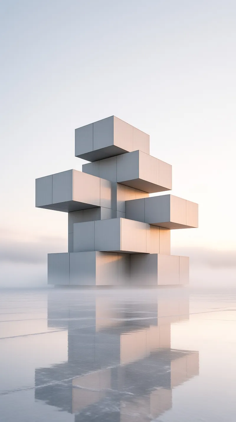A tall geometric structure composed of stacked cubic blocks stands alone on a vast reflective salt flat. The scene is bathed in the soft pale light of early morning, with low fog obscuring the base of the monolith. Warm sunlight highlights the right faces of the metallic surfaces, contrasting with the cool shadows on t