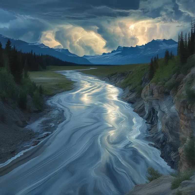 A smooth white river curves between rocky cliffs while lightning illuminates the storm clouds above the peaks.
