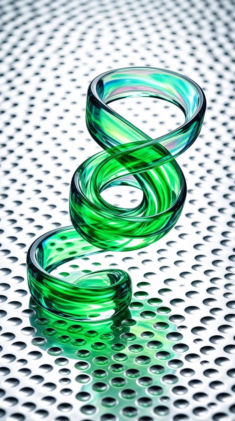 A twisted green glass spiral with iridescent highlights rests on a silver surface patterned with round holes.