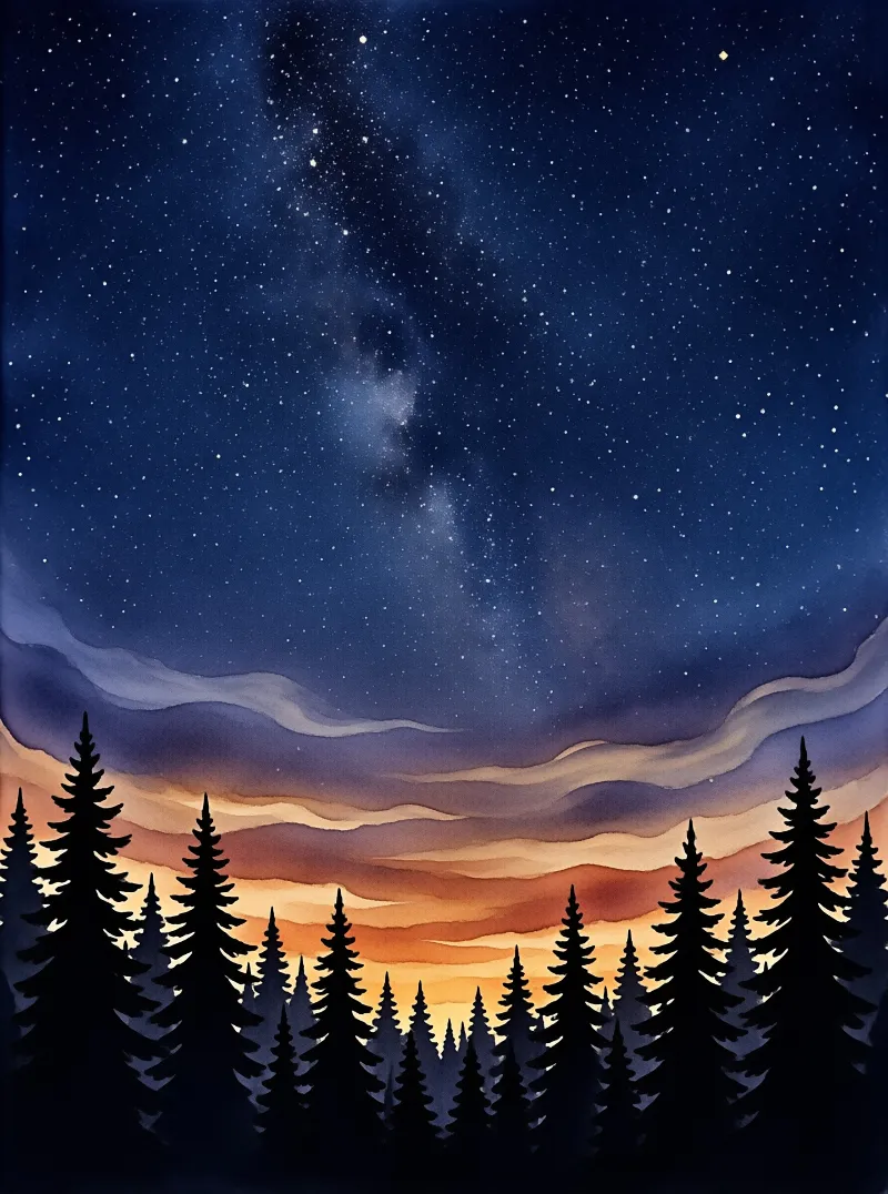 Black pine trees silhouette against a starry night sky with the Milky Way and wavy orange and purple clouds.