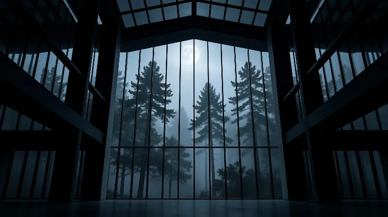 Tall coniferous trees stand shrouded in blue fog beyond the floor to ceiling glass of a dark minimalist open indoor space under a pale full moon.