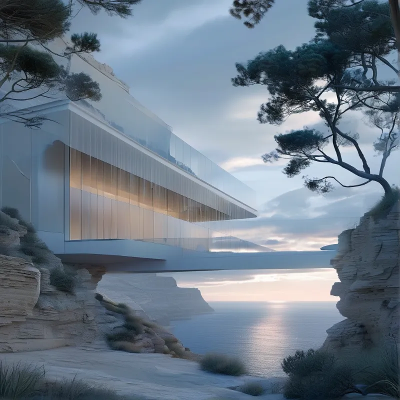 A modern cantilevered building with glass walls sits atop rocky cliffs overlooking a calm sea during twilight.