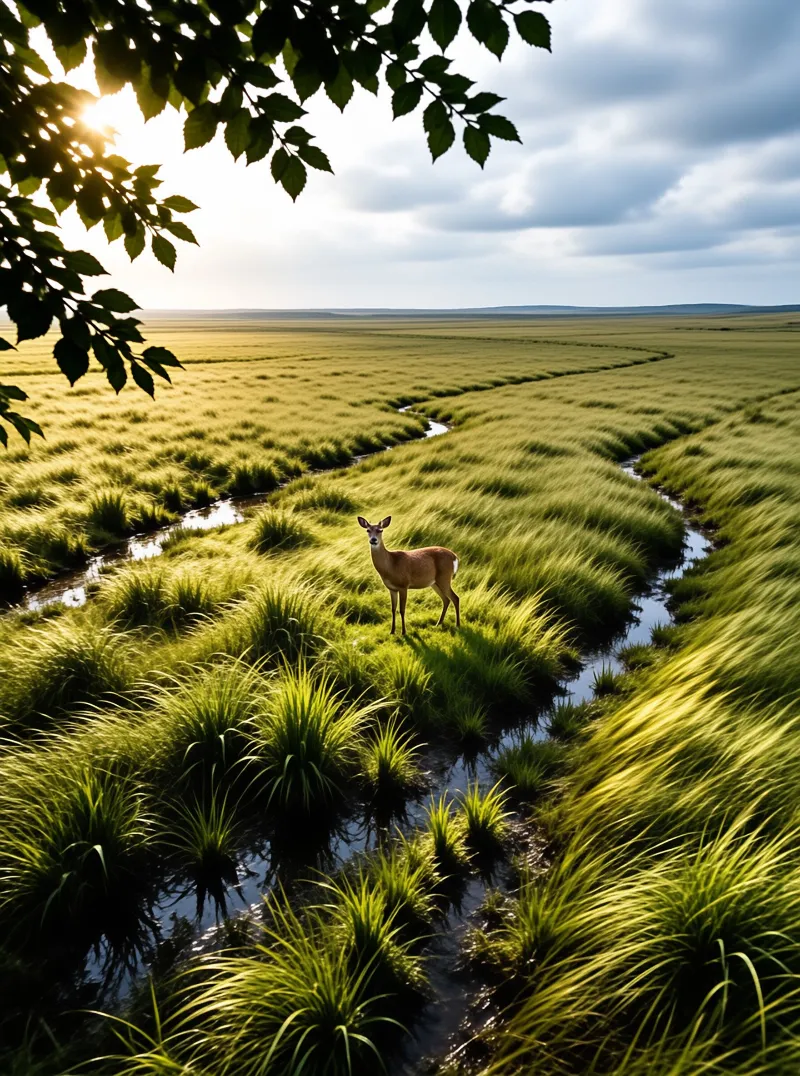 A deer stands in a green marsh as a stream winds through grass under a bright sky framed by leaves.