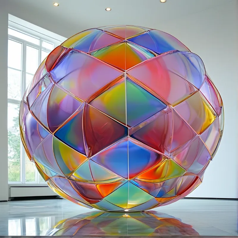A large iridescent geometric sculpture rests on a reflective floor inside a bright white gallery room.