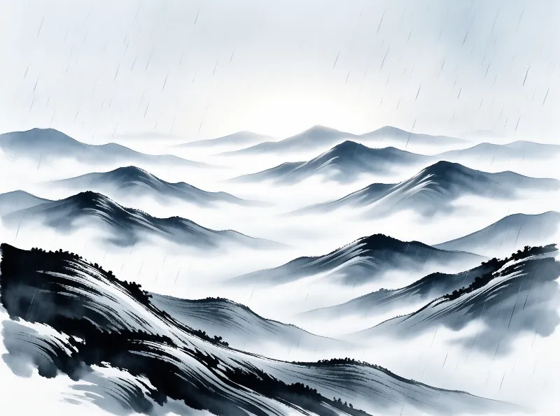 Blue and white landscape featuring rolling hills fading into fog while thin lines depict falling rain.