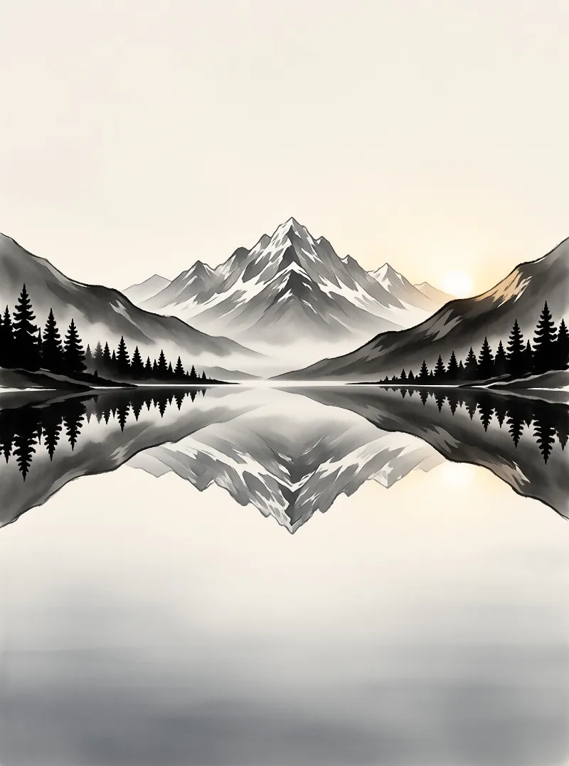 A black and white landscape shows a snowy peak above a lake reflecting trees and a warm sun glow on the right.