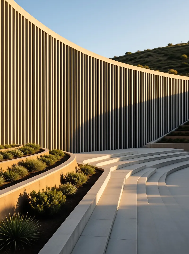 Modern vertical slat wall beside curved concrete stairs on a hillside at sunset.