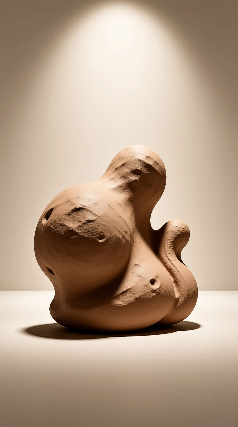 An irregular brown object resembling a lump of clay rests on a plain surface under a focused beam of light.