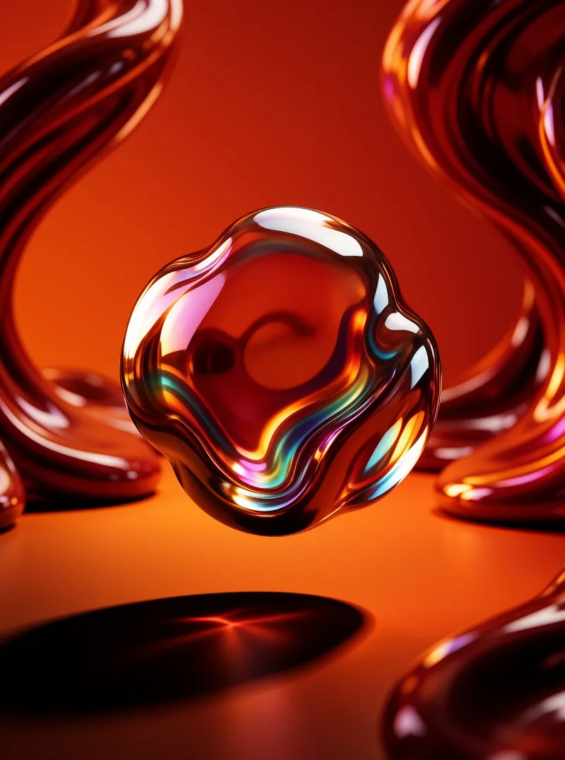 A glossy iridescent orb hangs midair against warm orange, framed by twisting ribbons of polished copper.