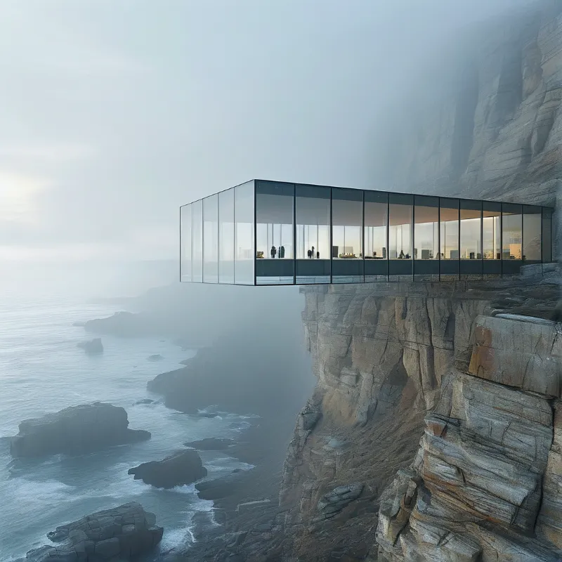 The structure juts outward over a rocky shoreline shrouded in fog while warm light glows through its transparent walls.