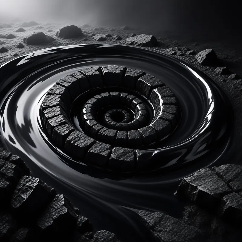 A spiraling stone structure embedded in a glossy black liquid surface within a misty rocky desert environment.