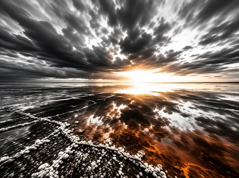 Polygonal ridges of white salt crystal lead to a flooded mirror plain lit by a low sun through dark cloud
