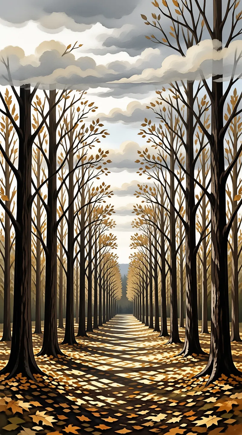 A long straight tree avenue lined with tall autumn trees stretches into the distance, sunlight casting dappled golden shadows across the fallen leaf covered path.