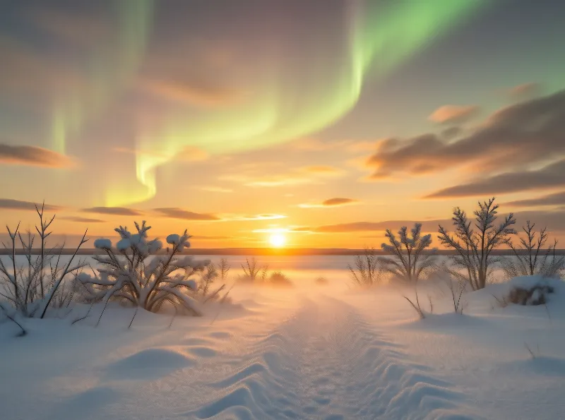 Aurora Borealis Over Snow