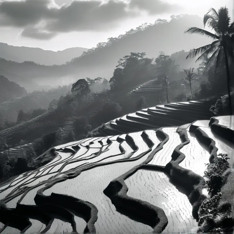 Monochrome view of flooded paddies curving up a hillside with palm trees under clouds