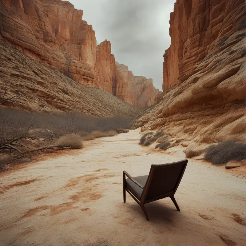 An empty wooden lounge chair rests on the pale dry canyon floor between tall warm orange sandstone walls, under soft diffused overcast light.