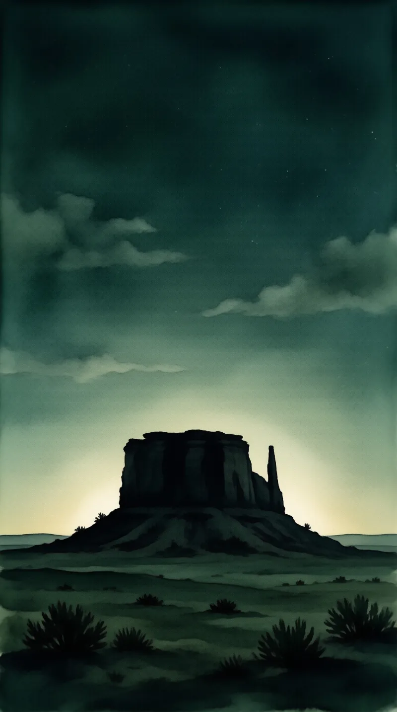 A dark rock formation silhouetted against a teal sky with a yellow horizon glow and desert shrubs.