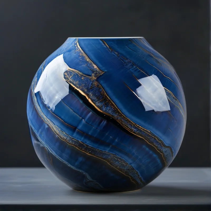 A glossy blue vessel displays swirling gold metallic lines against a dark neutral background.
