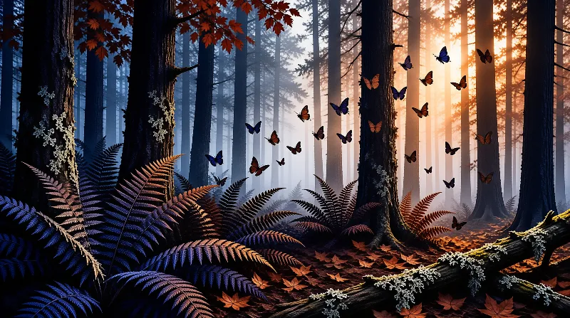 Orange and blue butterflies soar through a misty forest as golden sunbeams stream through tall trees and ferns.