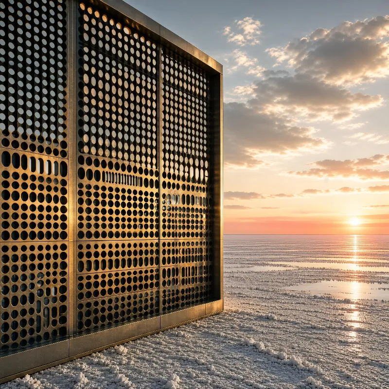 A modern structure with circular perforated metal panels stands beside a salt flat as the sun sets, casting warm golden light over the horizon and reflective water.