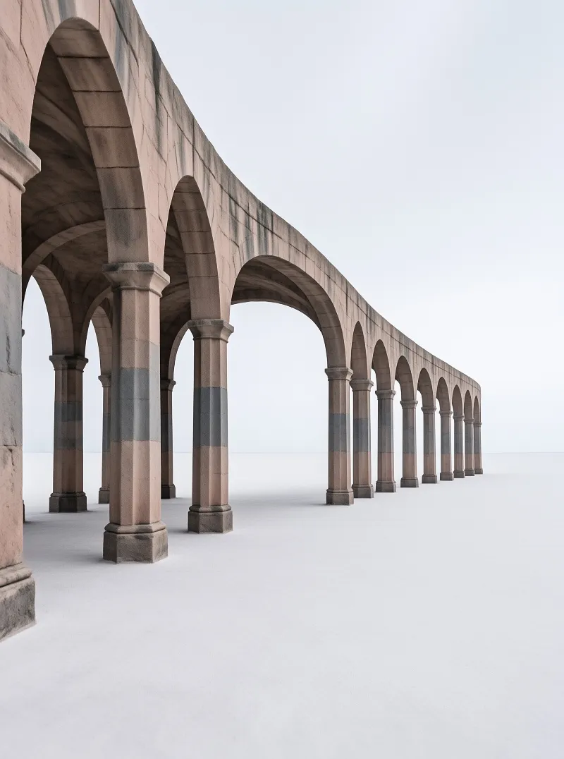 A series of beige stone arches supported by columns recedes into a blank white environment with soft shadows.