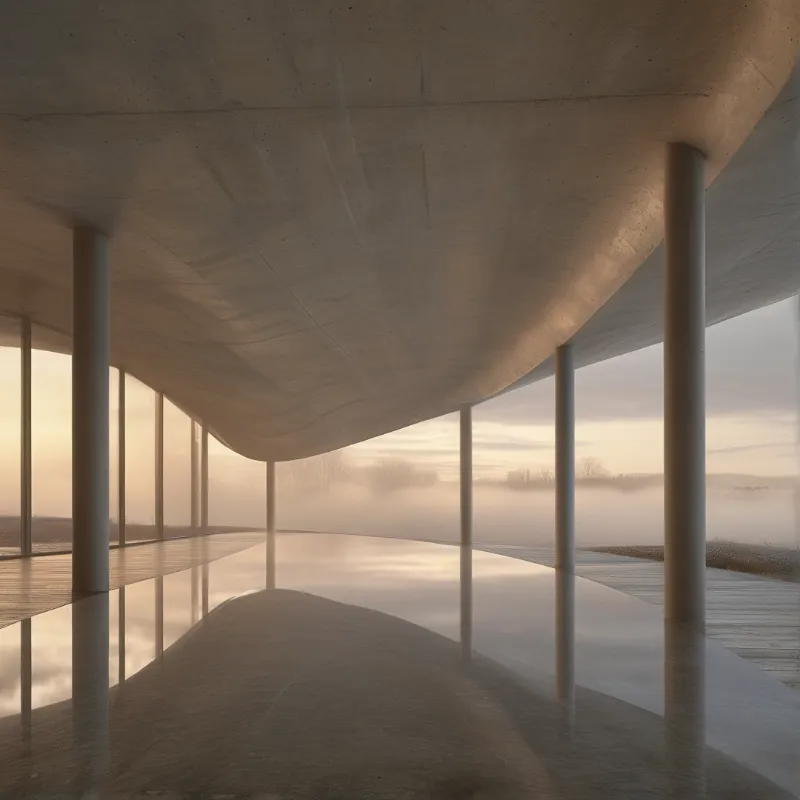 Massive concrete roof rests on slender columns above a reflective floor mirroring the misty warm horizon outside.