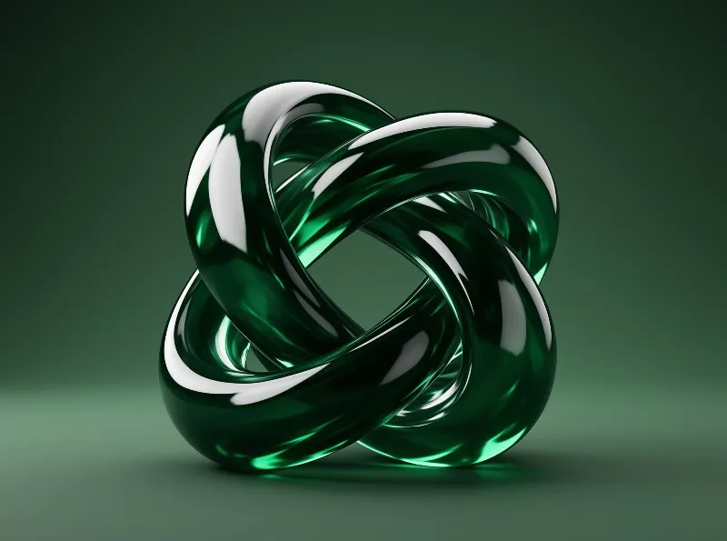 Glossy emerald glass knot sculpture rests on dark green surface with bright white reflections across its smooth twisted form.