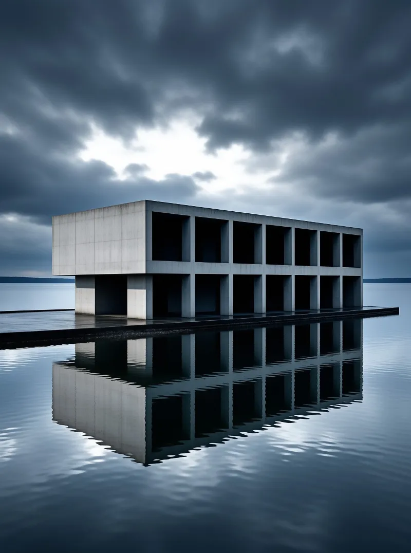 A large rectangular concrete structure extends from a pier into calm water beneath a heavy overcast sky.