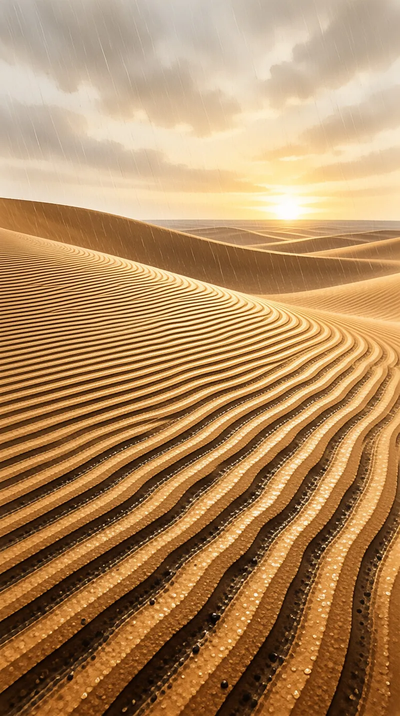 Wavy desert sand ripples reflect warm sunset light while rain falls heavily across the dark sky