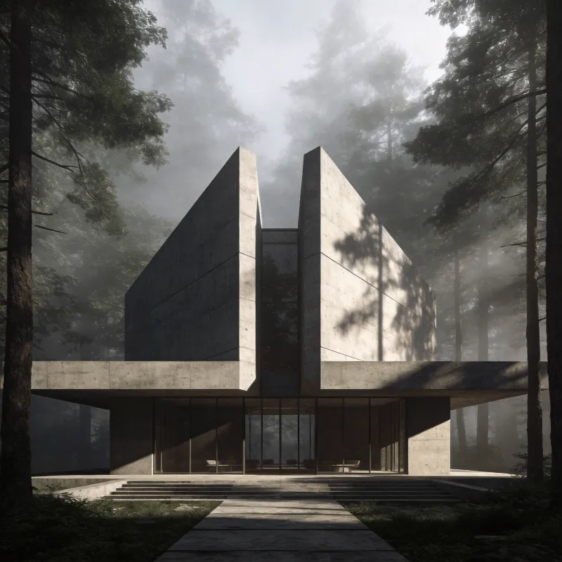 Pavilion with Brutalist Massing — Misty Forest