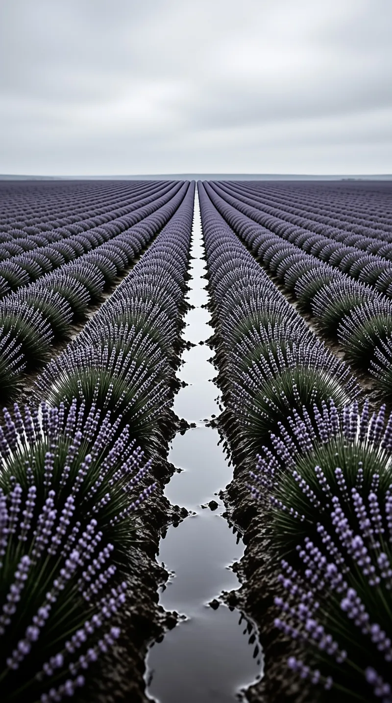 Long rows of purple lavender extend to the horizon, separated by a narrow water channel reflecting the cloudy sky.
